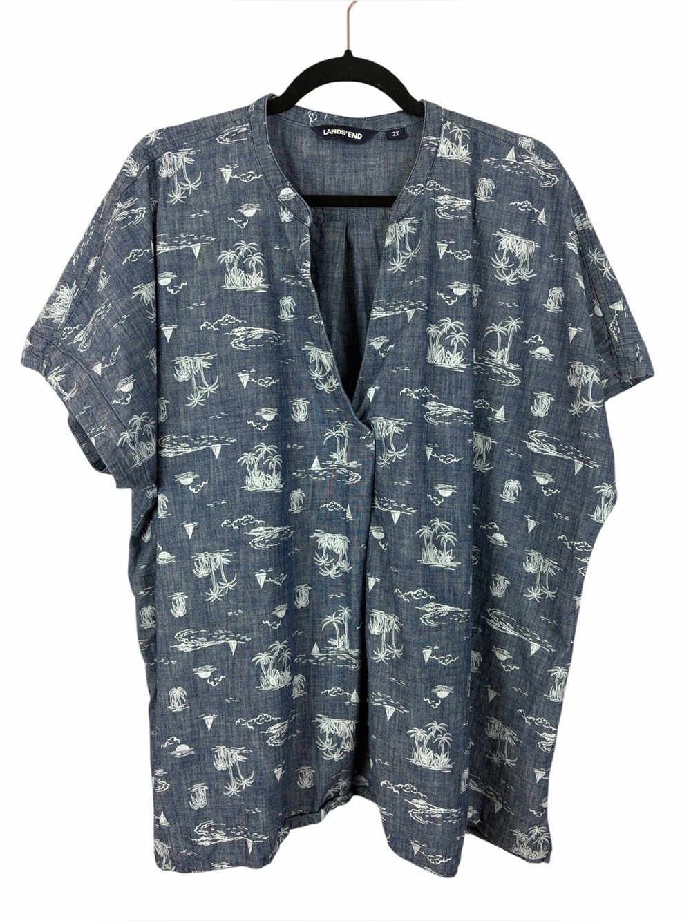 Lands’ End 2X Chambray Tropical Island Print Tunic Top 100% Cotton